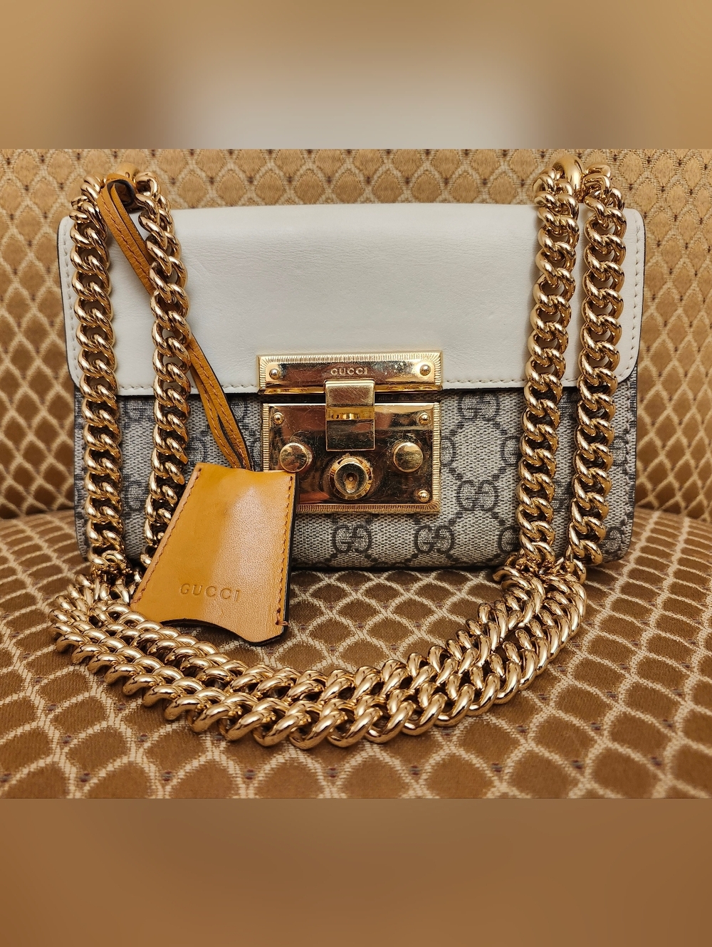 Gucci  Padlock White & Brown GG Shoulder Bag with Gold Chain
